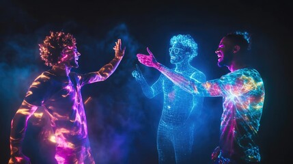 Fototapeta premium Three friends greeting with raised hands, one man's holographic transformation in progress, smiles and excitement all around.