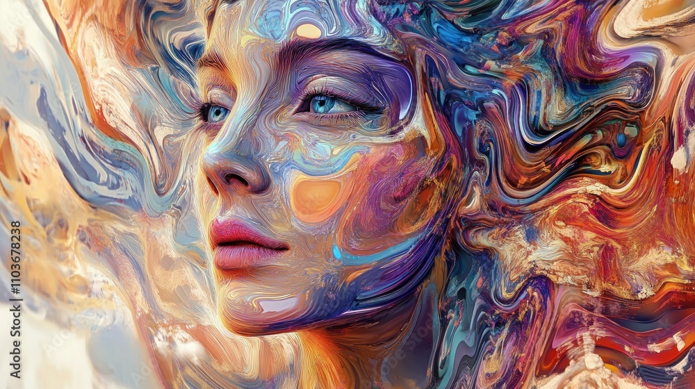 Poster futuristic pop art portrait with colorful swirls and abstract neural network influences capturing wh