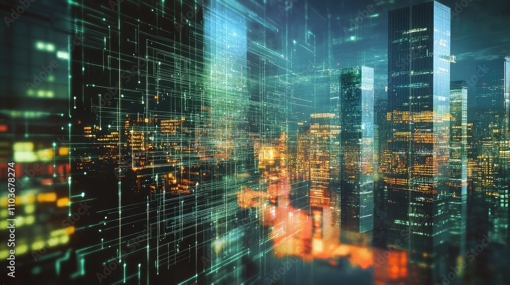 Poster digital hologram illustrating 5g networks and iot with a vibrant urban cityscape, combined with tech