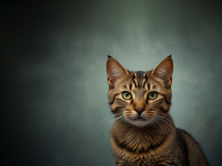 A cat sits against a plain background