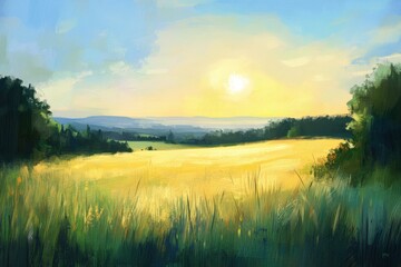 Fototapeta premium Golden sunrise over serene fields nature landscape tranquil environment wide view peaceful concept