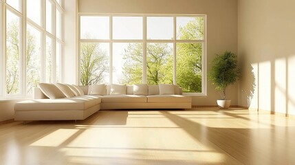 Fototapeta premium Spacious minimalist living room featuring a low-profile sectional sofa, light wood floors, and large windows allowing natural light to flood in