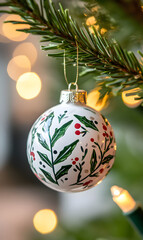 A closeup photo of a Christmas bauble with handpainted hygge pattern on it, Christmas colors.