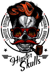 Tête de mort à moustache hipster skull moustachu et crane lunette de soleil ronde fume la pipe mon logo