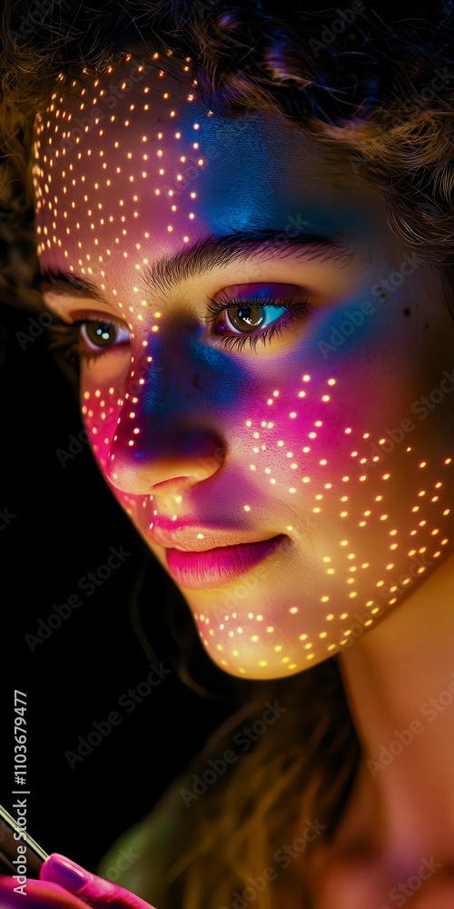 Wall mural profile view of person using facial recognition on their phone, illuminated by screen