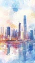 Urban skyline reflection cityscape digital art tranquil waters wide angle aesthetic beauty