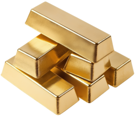 A stack of shiny gold bars arranged in a pyramidal formation against a transparent background, with detailed metallic textures and reflective surfaces. Generative AI.