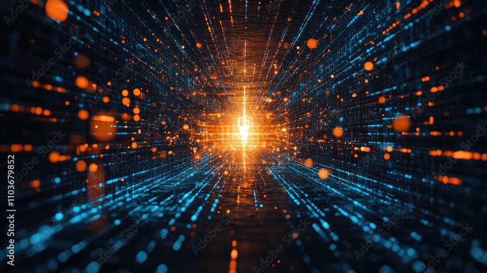 Poster dissolving virtual key in digital space with glowing particles and streaming light beams symbolizing