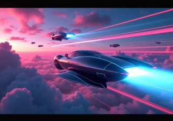Futuristic flying vehicles navigate vibrant clouds at sunset
