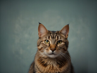 A cat sits against a plain background
