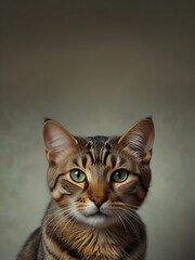 A cat sits against a plain background