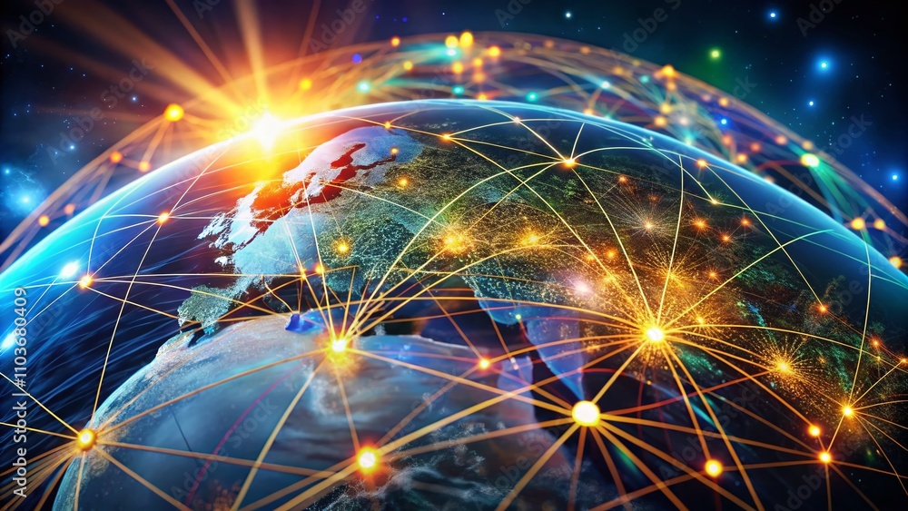 Poster macro photography of global communication concept with colorful nodes and lines on a soft-focus back