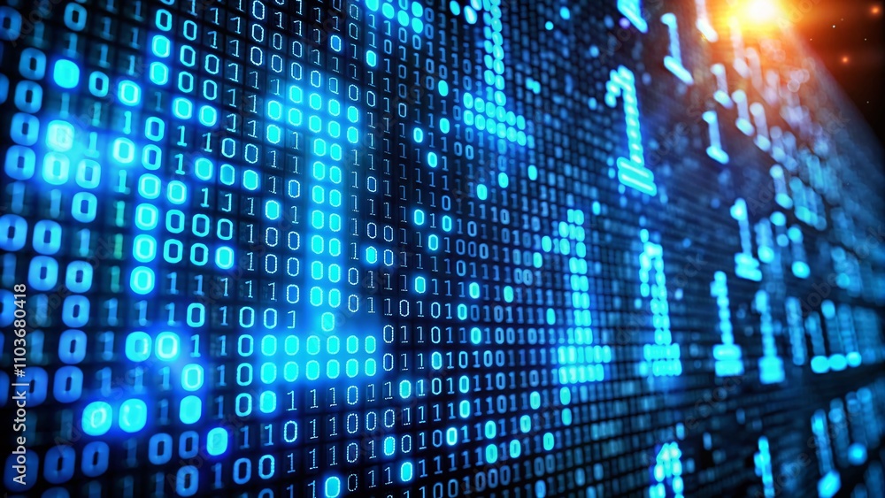 Aufkleber macro photography of hacker background with blue glowing binary code 0s and 1s, perfect for technolo