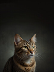 A cat sits against a plain background
