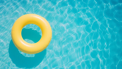 Yellow inflatable pool ring in a turquoise swimming pool. Summer vacation concept.