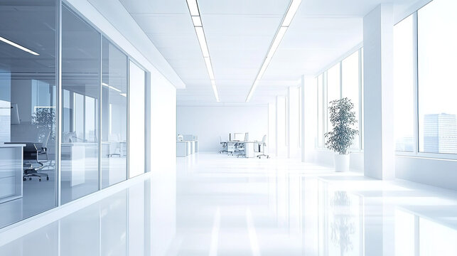 Clean office space with white walls and floors.