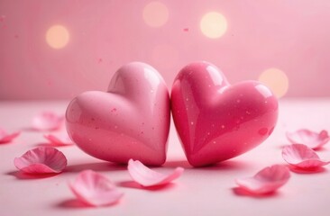 Obraz premium two pink hearts together, Soft pink pastels background, wedding, anniversary, valentines theme and concept 