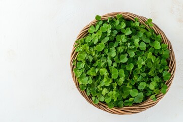 Obraz premium Fresh fenugreek leaves for masala curry harvested from the garden and displayed in a basket on a white wooden surface top view