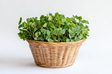 Naklejka premium Fresh fenugreek leaves for curry harvested from the garden in a basket on a white background