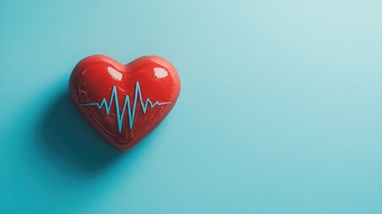 Red heart with pulse line on blue background, symbolizing love and promoting heart health, ideal for Valentine's Day or cardiology themes.
