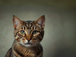 A cat sits against a plain background