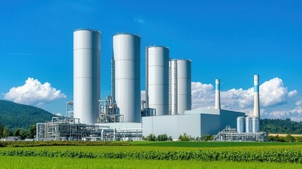 Fototapeta premium A modern industrial facility with tall silos and smokestacks, set against a clear blue sky and green landscape.