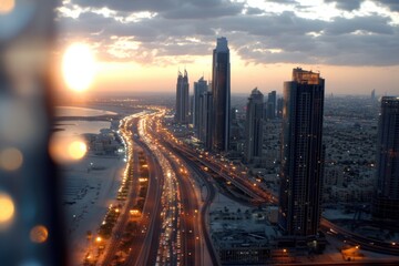 Fototapeta premium A dynamic nightscape of Dubai showcasing busy traffic lights amidst towering skyscrapers, illustrating the energetic life and motion of this vibrant urban environment.