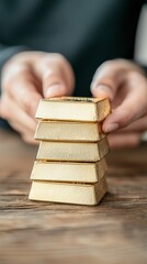 gold investment inflation hedge concept, A stack of rectangular blocks is being carefully balanced by hands, showcasing precision and focus in a minimalist setting.
