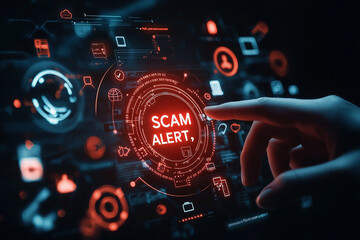 Ai generated scam alert display digital space technology visualization cybersecurity environment close-up viewpoint awareness concept
