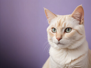 A cat sits against a plain background