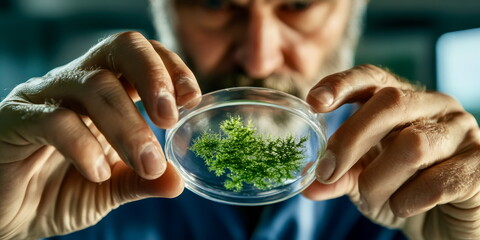 Researcher carefully handling petri dish with cultured plant cells, focus on green technology