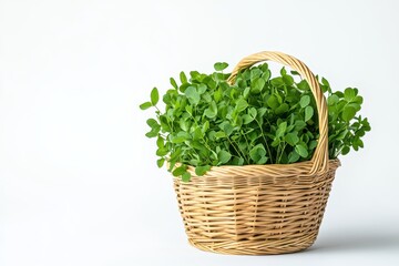 Fototapeta premium Freshly harvested fenugreek leaves for masala curry in a basket on a white background