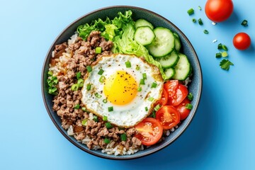 Fried rice with beef topped with a sunny side egg vegetables against a blue backdrop