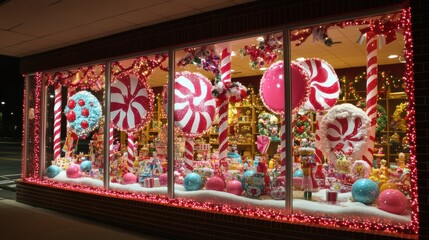 Fototapeta premium Toyland holiday storefront with oversized toy decorations and lights