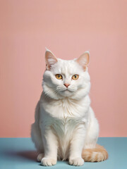 A cat sits against a plain background