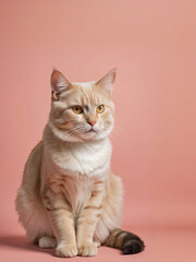 A cat sits against a plain background