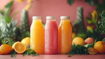 A refreshing image showing three bottles of vibrant juice surrounded by fresh citrus fruits and mint leaves, expressing health, vitality, and natural goodness.