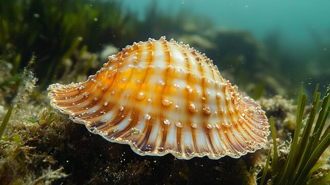 A beautifully detailed underwater image featuring a vibrant seashell resting on the ocean floor, surrounded by colorful marine plant life and gentle sea currents.