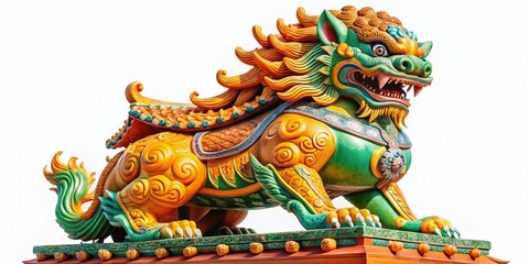 Fototapeta premium Majestic Chinese Lion Dog Imperial Guardian Statue Isolated on White Background for Architectural Photography and Cultural Representation in Interior Design and Art Projects