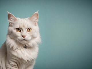 A cat sits against a plain background