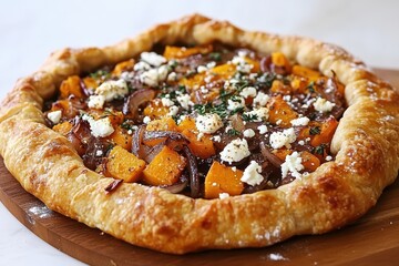 Galette of butternut squash topped with caramelized onions and feta cheese on a wooden board against a white textured backdrop