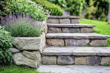 Garden features stone steps and a retaining wall