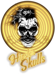 Tête de mort à moustache hipster skull moustachu et crane signe poisson cercle de lumière mon logo