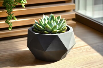 Geometric flowerpot on wooden floor with a succulent inside