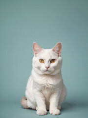 A cat sits against a plain background