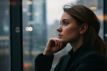 Young dreaming business woman manager ceo looking away. Pondering female businesswoman with a chin in her office.