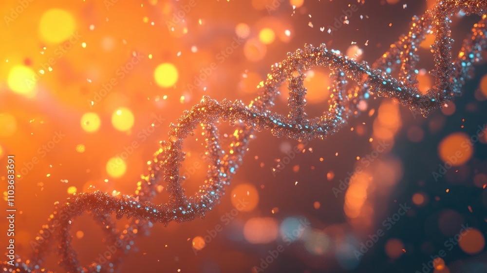 Poster illuminated rna structure with sparkling details against a vibrant orange background, showcasing a 3