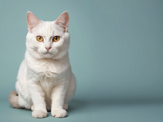 A cat sits against a plain background