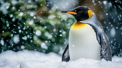 Obraz premium A majestic emperor penguin stands gracefully amidst falling snowflakes, showcasing its vibrant orange and yellow markings against a serene, snowy backdrop.
