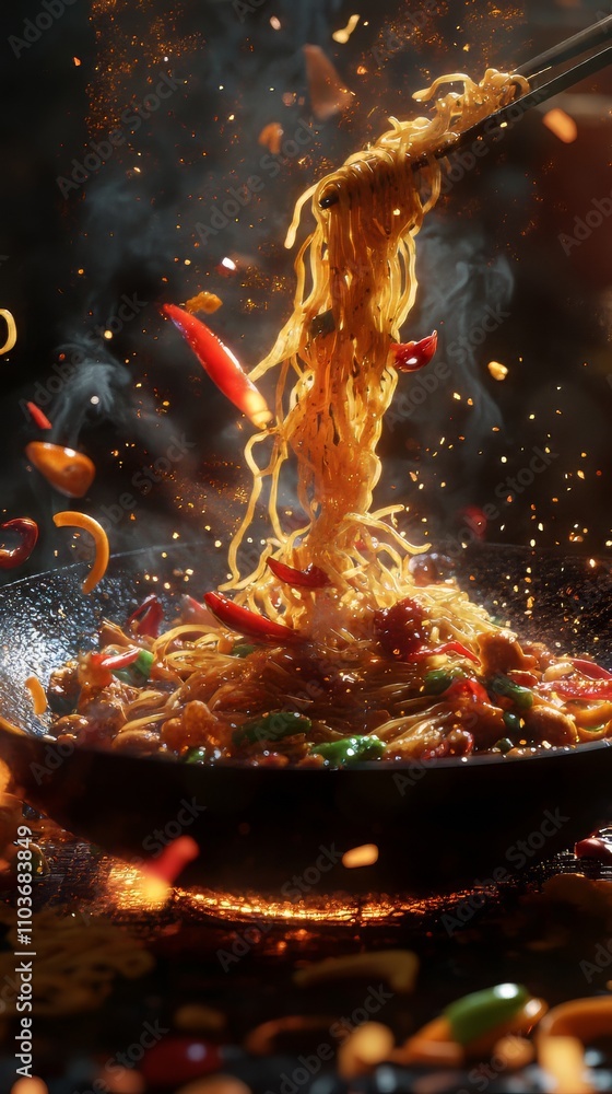 Poster a dynamic image capturing the motion of a chef tossing stir-fried noodles in a wok with colorful veg
